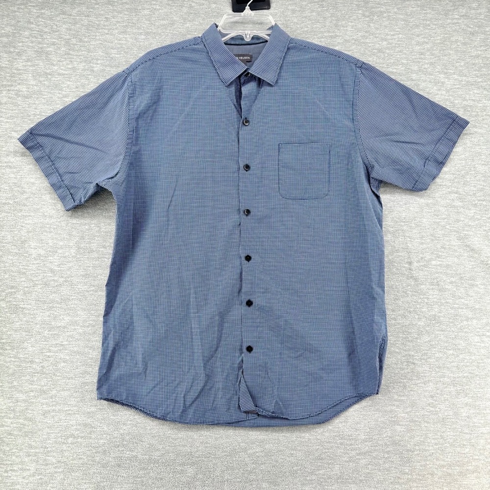Van Heusen Button Front Shirt Mens Large Blue Check Short Sleeve Classic Fit